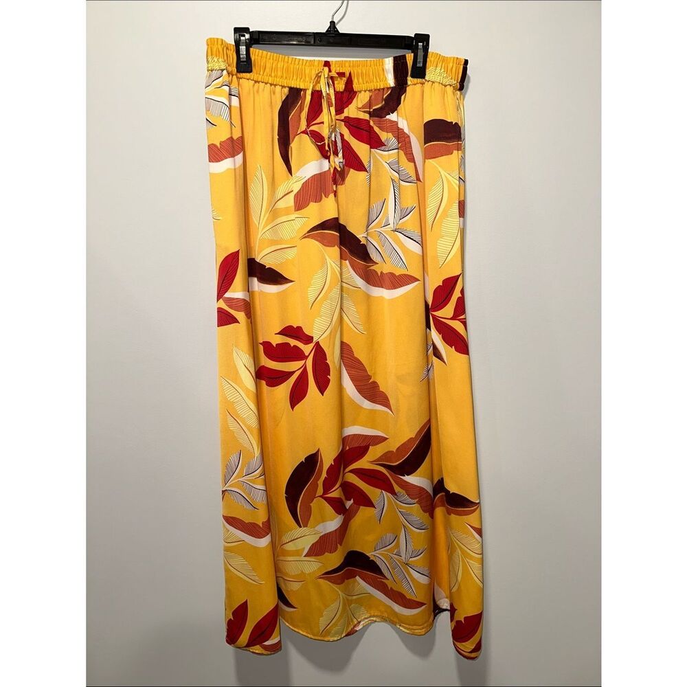 Worthington L Gold Red Tropical Rain Satin Drawstring Pull on Pocket Maxi Skirt - Picture 4 of 10